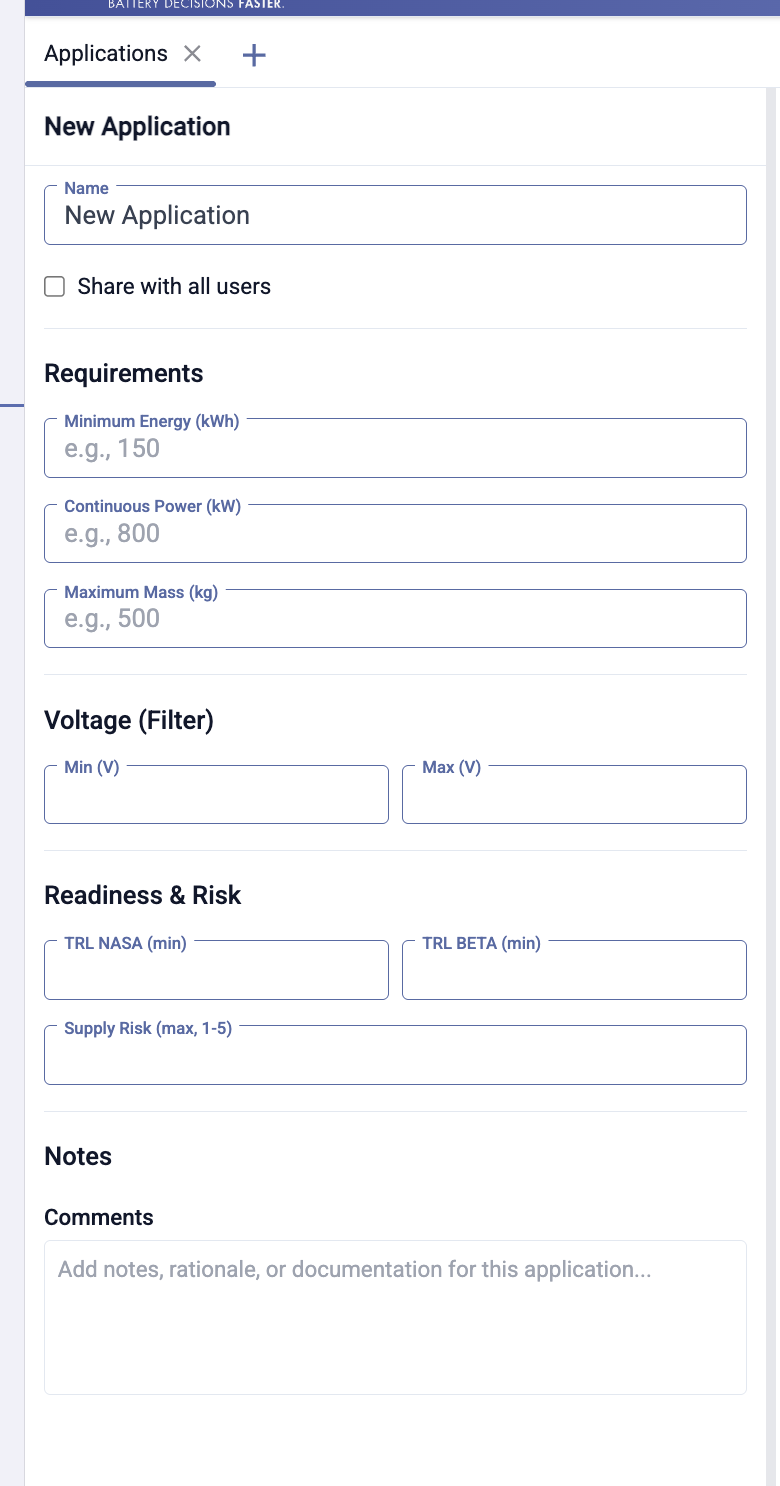New application form for capturing requirements